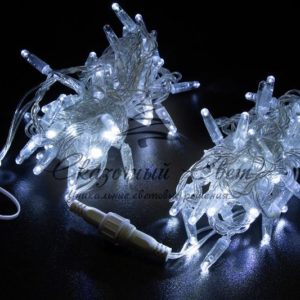 Светодиодная гирлянда нить 10м, 220В, флэш, прозрачный провод, белая