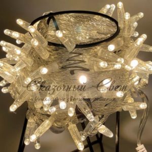 Светодиодная гирлянда нить 10м, 24В, статика, прозрачный провод, теплая белая