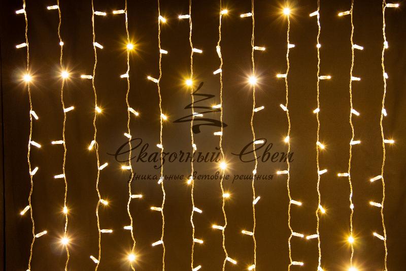 Светодиодный занавес 2х2м, статика, прозрачный провод, теплый белый