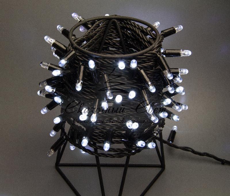 Светодиодная гирлянда нить 10м, 24В, черная резина 2,3 мм, флэш, черный провод, белая