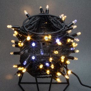 Светодиодная гирлянда нить 10м, 24В, черная резина 2,3 мм, флэш, черный провод, теплая белая