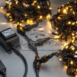 Светодиодная гирлянда спайдер, 3 нити по 20м, колпачок, флэш, черный провод, теплая белая