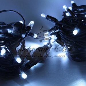 Светодиодная гирлянда нить 10м, 220В, статика, черный провод РЕЗИНА, белая