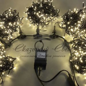 Светодиодная гирлянда спайдер, 5 нитей по 20м, статика, черный провод,  теплая белая