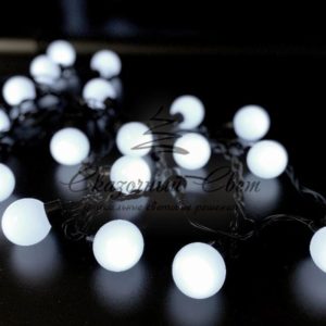 Светодиодная гирлянда шарики 24В, 5м, d=40 мм, статика, черный провод РЕЗИНА 2,3 мм, белые