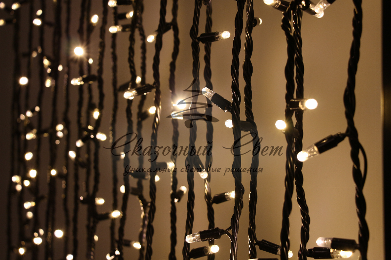 Светодиодная гирлянда нить 20м, динамика, черный провод, теплая белая